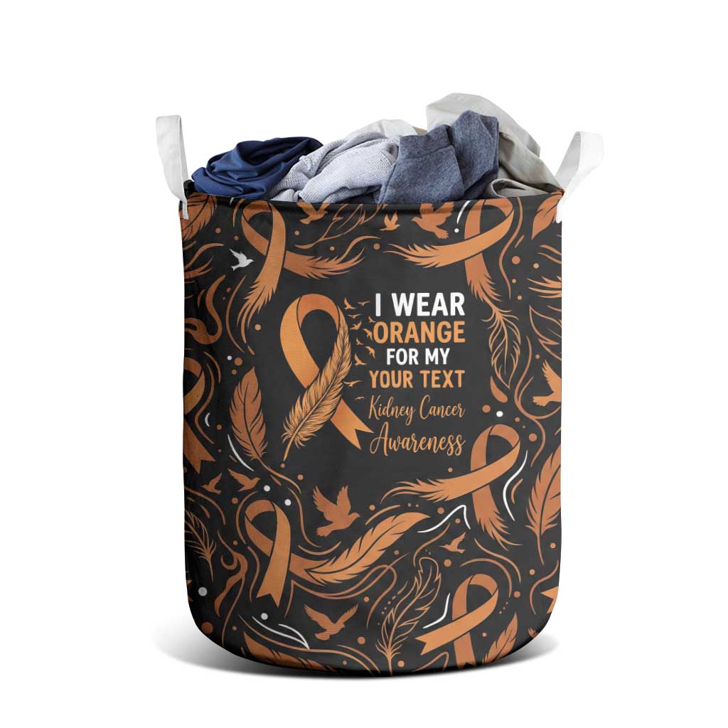 Personalized I Wear Orange Kidney Cancer Awareness Laundry Basket Feathered Ribbon Silhouette Illustration