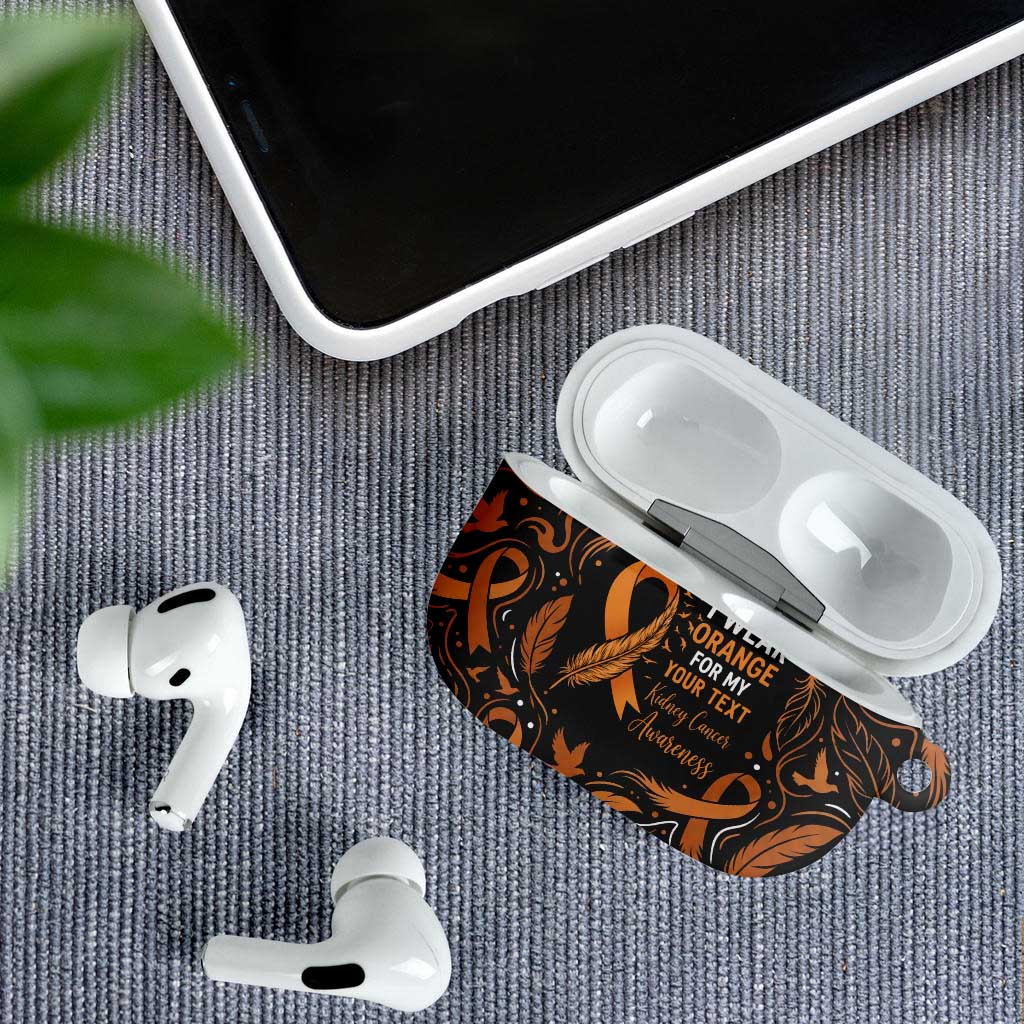 Personalized I Wear Orange Kidney Cancer Awareness AirPods Case Feathered Ribbon Silhouette Illustration