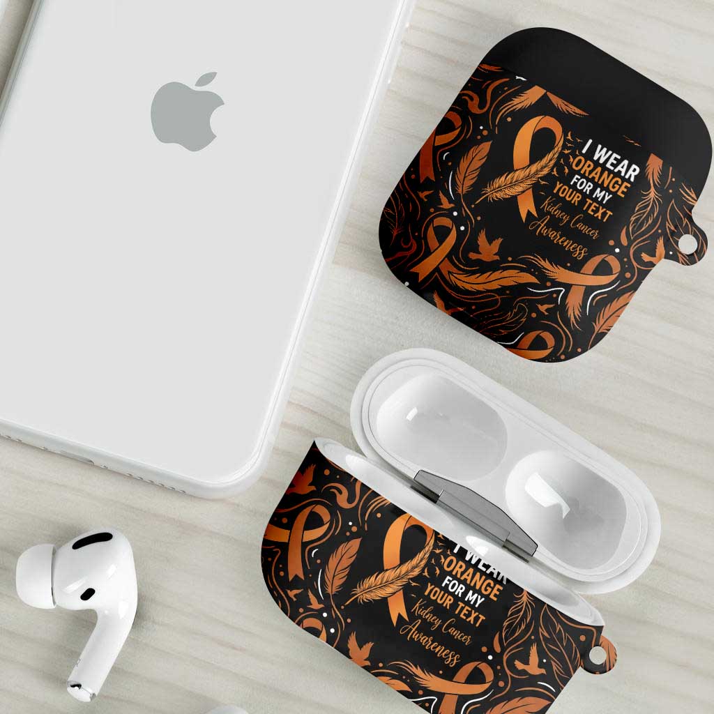 Personalized I Wear Orange Kidney Cancer Awareness AirPods Case Feathered Ribbon Silhouette Illustration