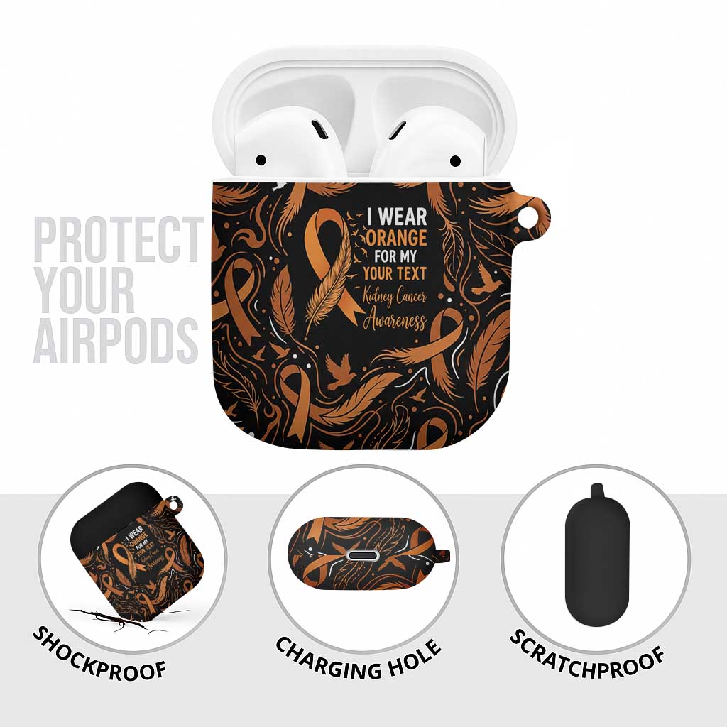 Personalized I Wear Orange Kidney Cancer Awareness AirPods Case Feathered Ribbon Silhouette Illustration