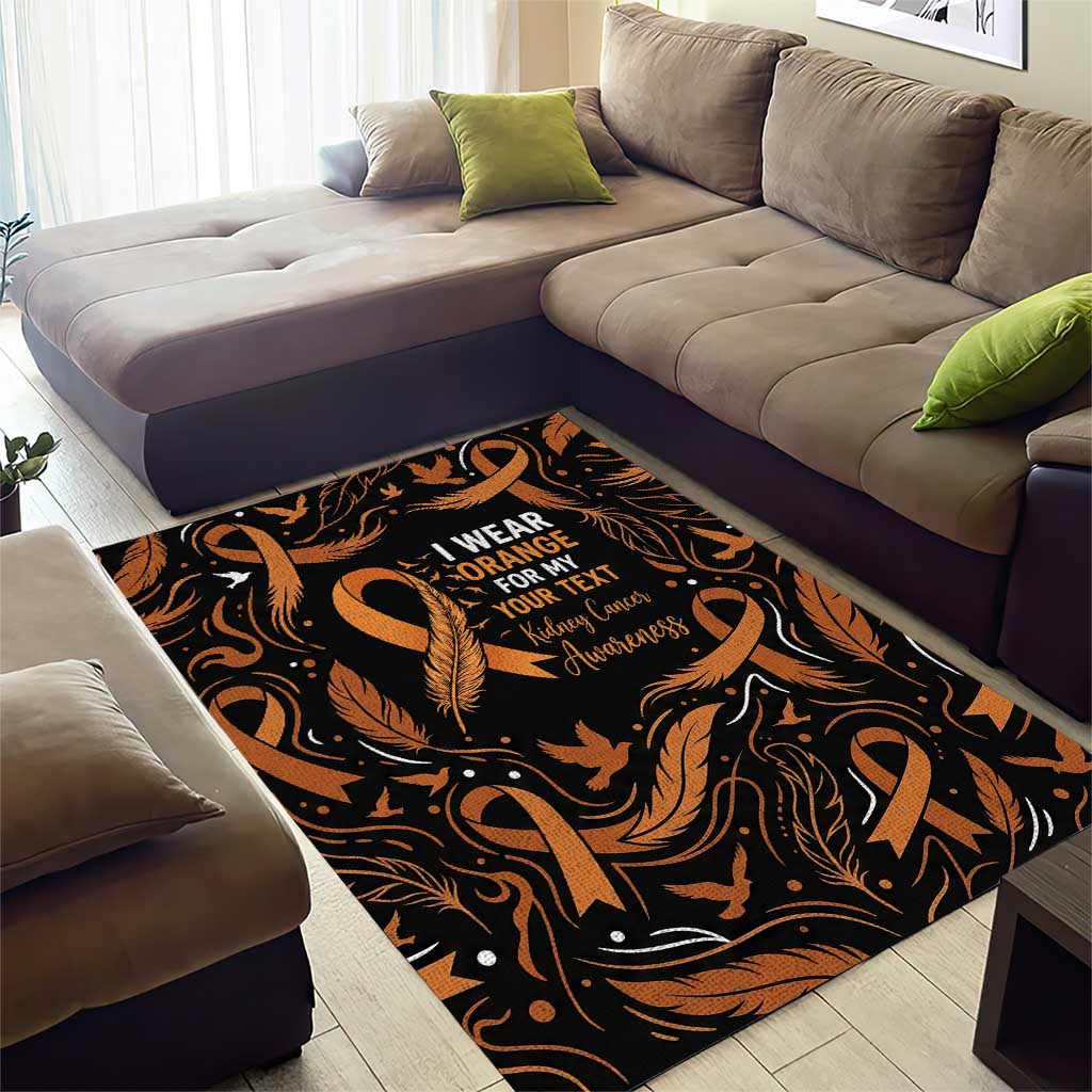 Personalized I Wear Orange Kidney Cancer Awareness Area Rug Feathered Ribbon Silhouette Illustration