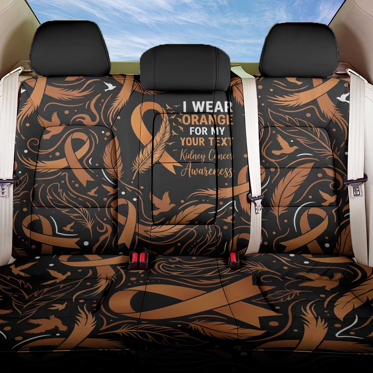 Personalized I Wear Orange Kidney Cancer Awareness Back Car Seat Cover Feathered Ribbon Silhouette Illustration