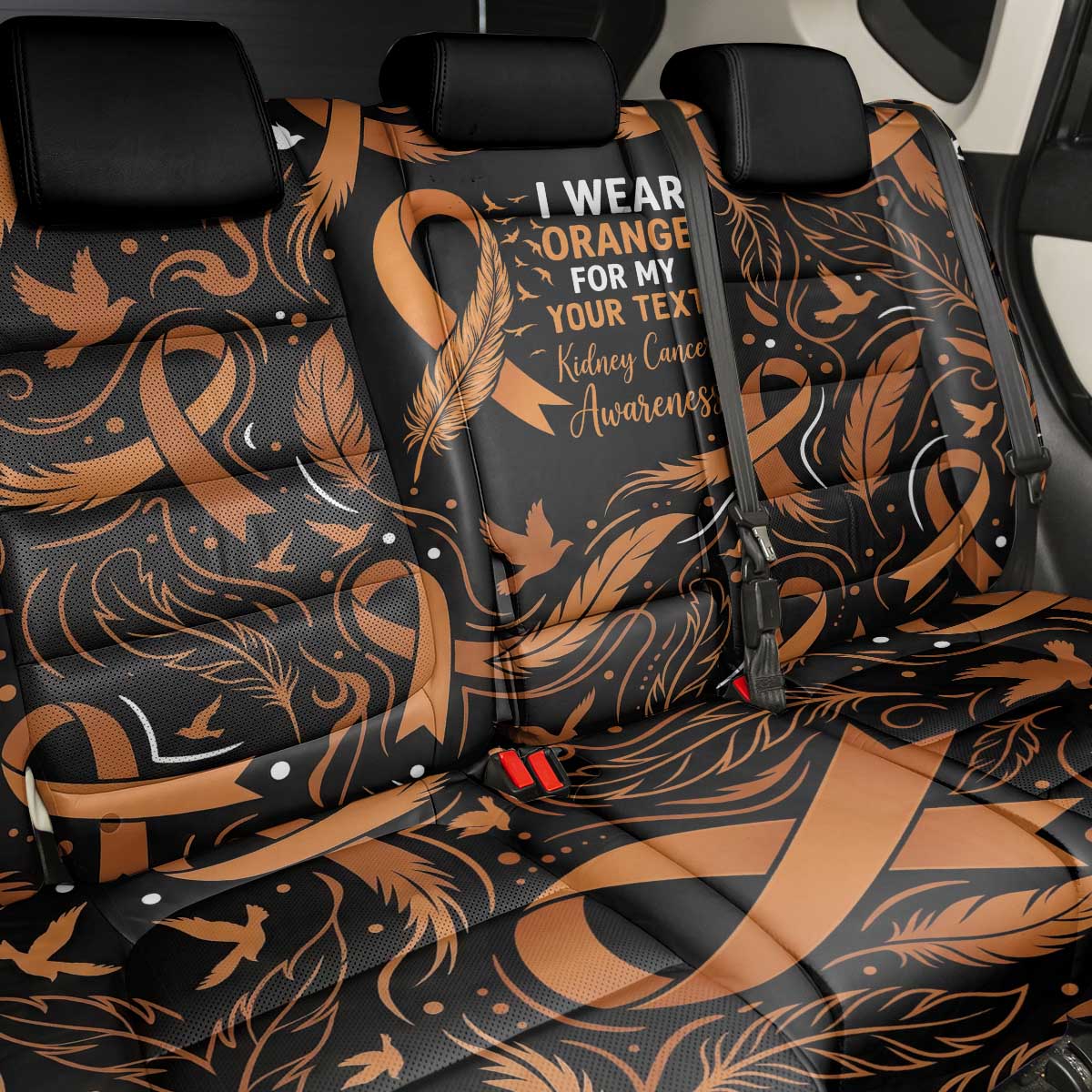 Personalized I Wear Orange Kidney Cancer Awareness Back Car Seat Cover Feathered Ribbon Silhouette Illustration
