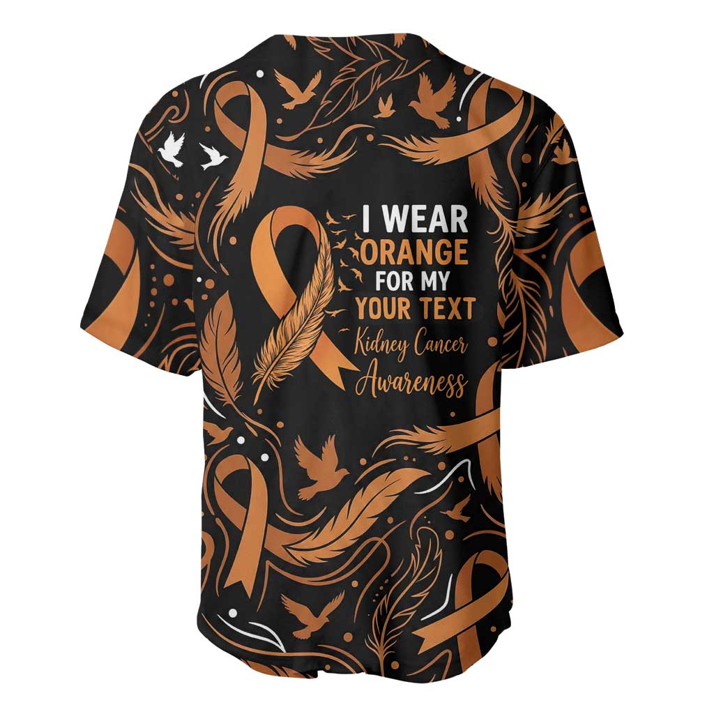 Personalized I Wear Orange Kidney Cancer Awareness Baseball Jersey Feathered Ribbon Silhouette Illustration