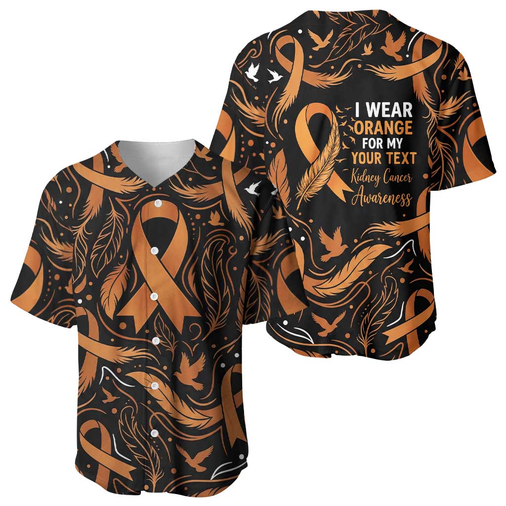 Personalized I Wear Orange Kidney Cancer Awareness Baseball Jersey Feathered Ribbon Silhouette Illustration