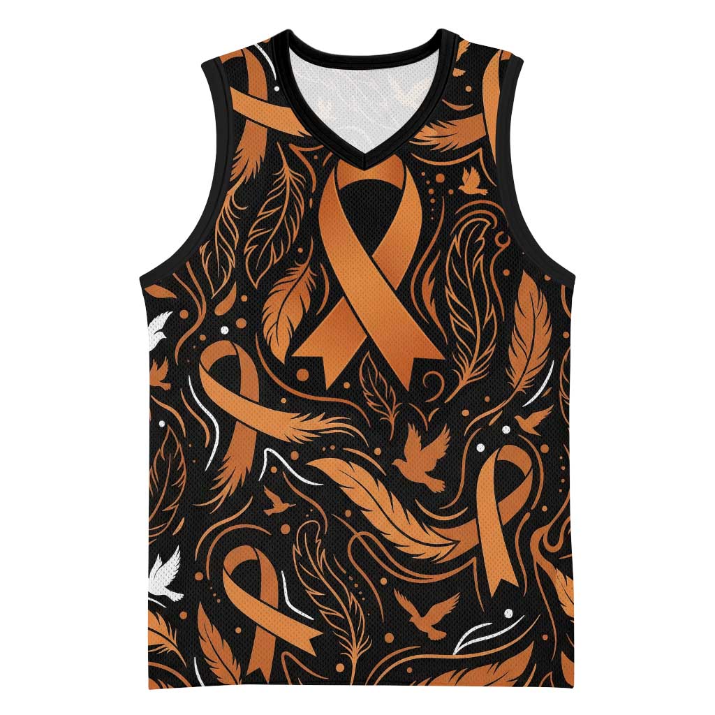 Personalized I Wear Orange Kidney Cancer Awareness Basketball Jersey Feathered Ribbon Silhouette Illustration