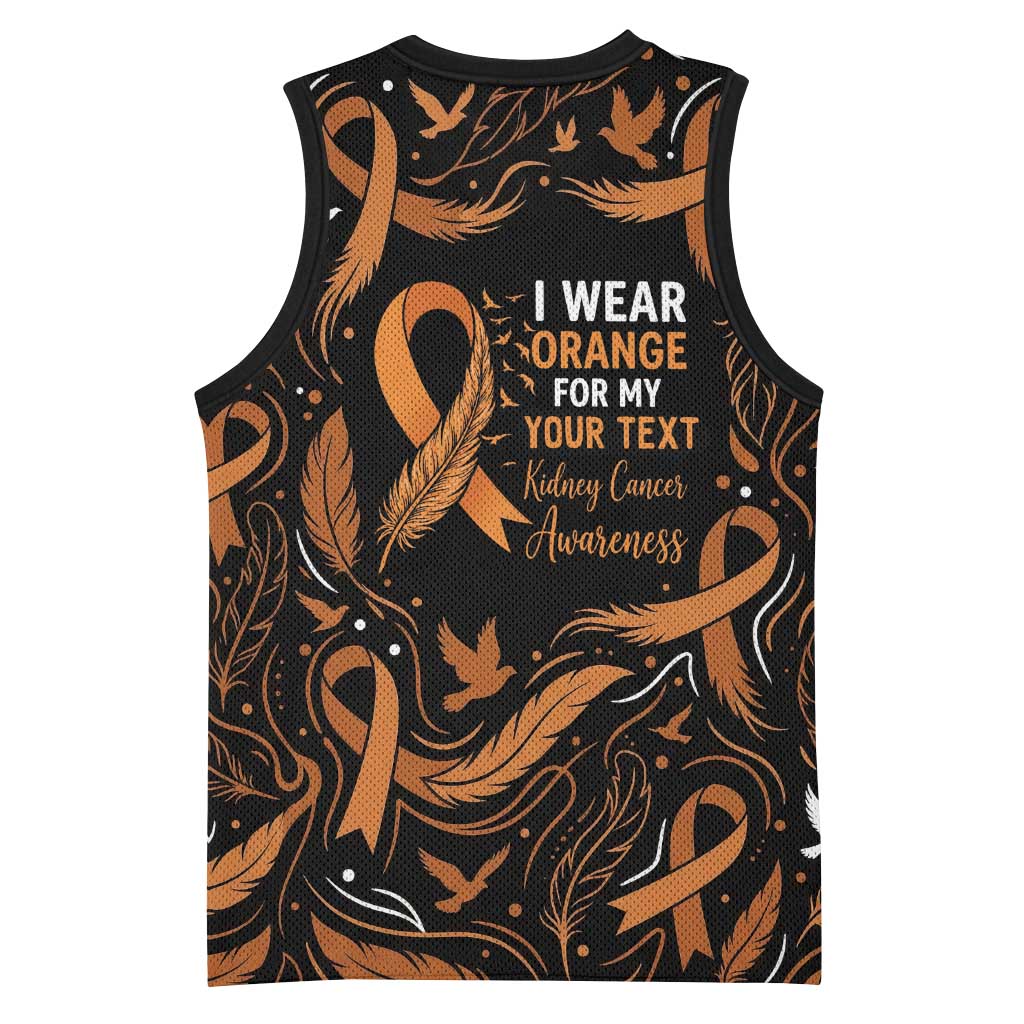 Personalized I Wear Orange Kidney Cancer Awareness Basketball Jersey Feathered Ribbon Silhouette Illustration