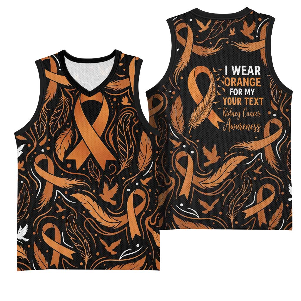 Personalized I Wear Orange Kidney Cancer Awareness Basketball Jersey Feathered Ribbon Silhouette Illustration