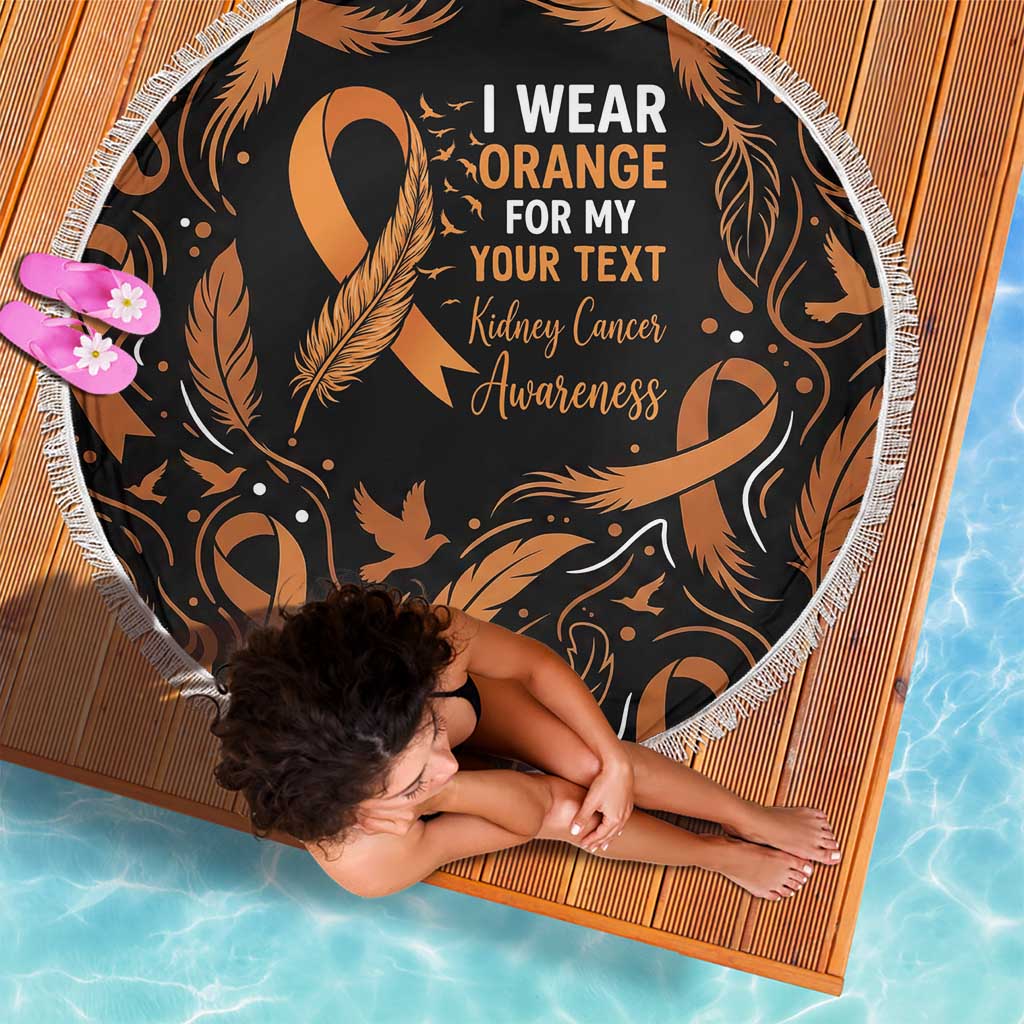 Personalized I Wear Orange Kidney Cancer Awareness Beach Blanket Feathered Ribbon Silhouette Illustration