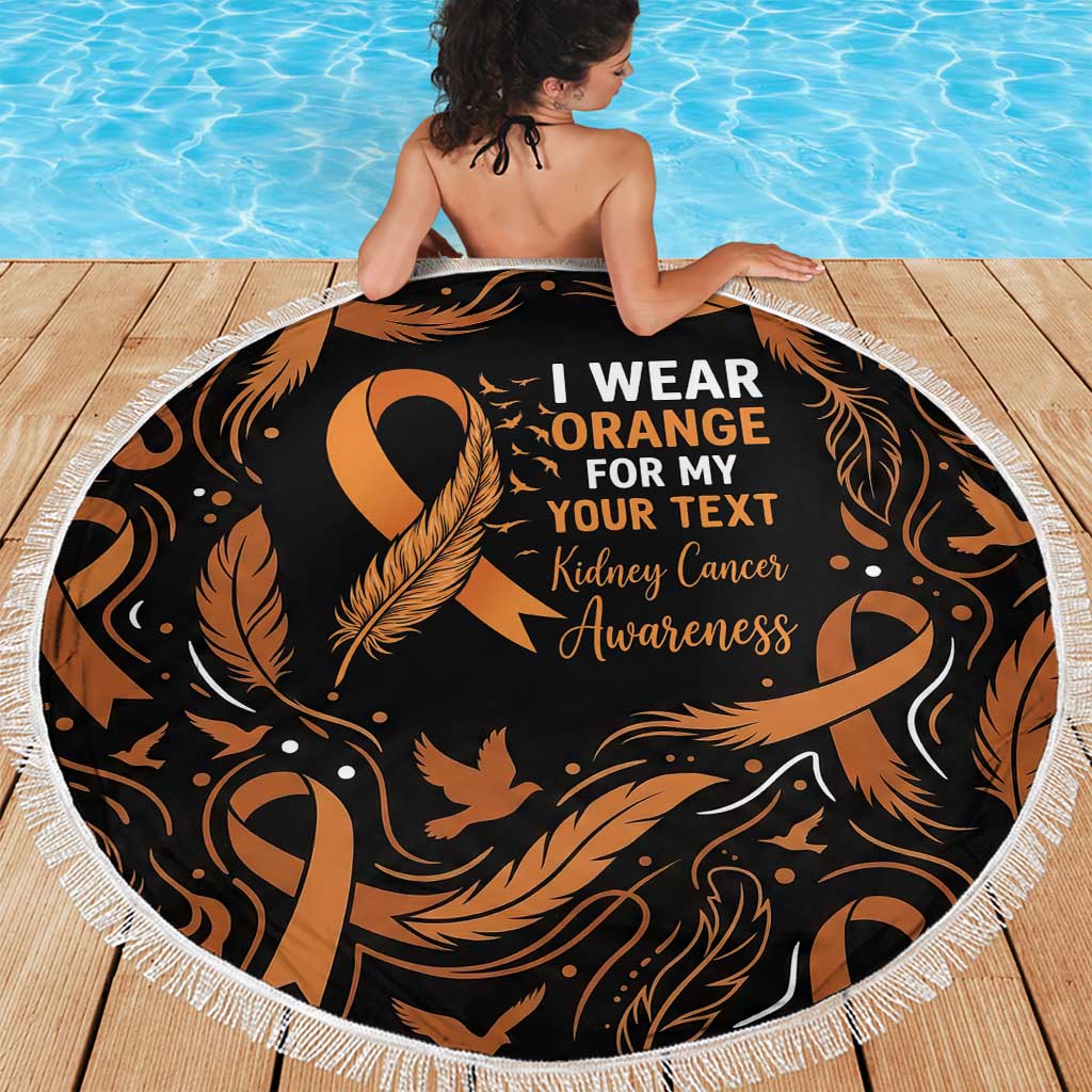 Personalized I Wear Orange Kidney Cancer Awareness Beach Blanket Feathered Ribbon Silhouette Illustration
