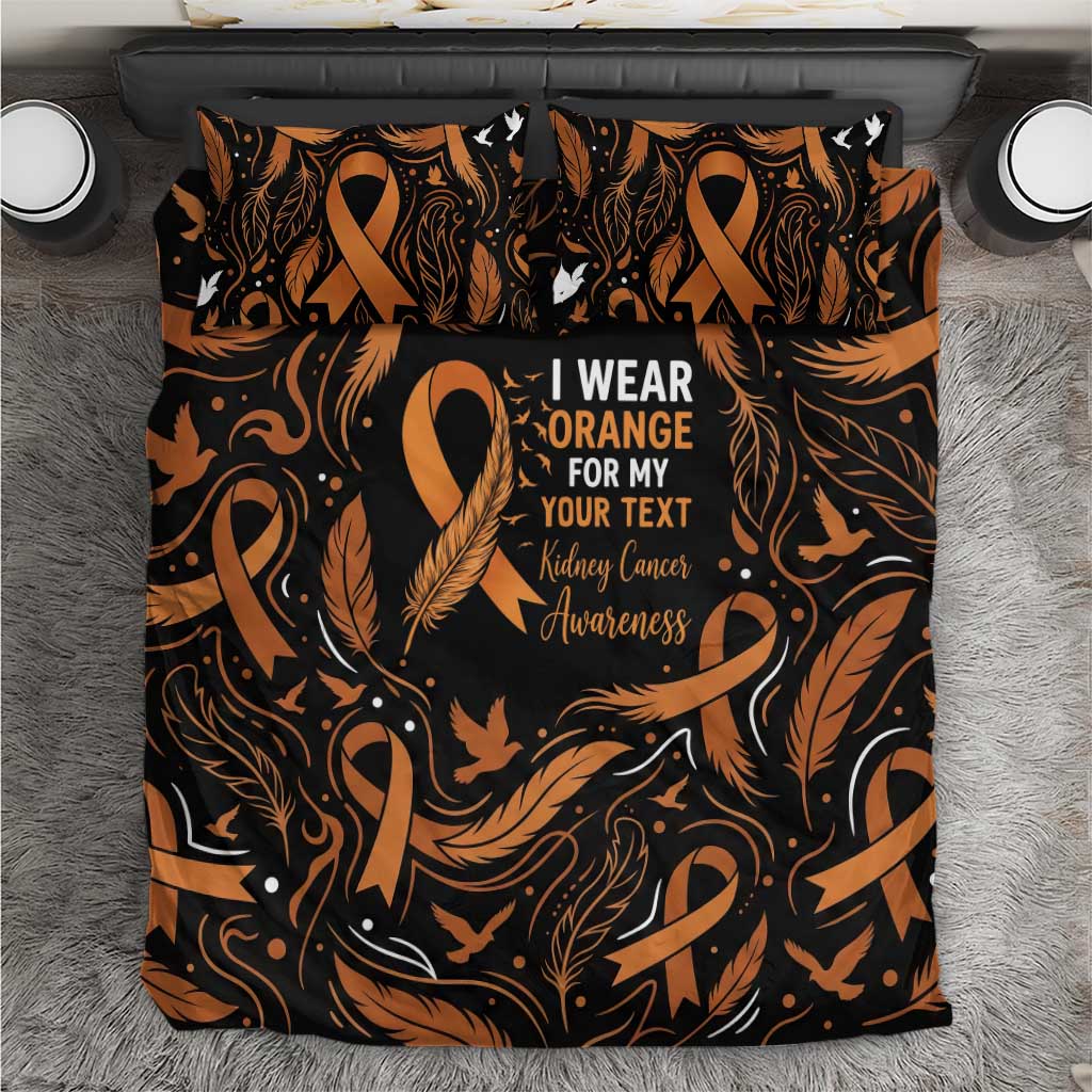 Personalized I Wear Orange Kidney Cancer Awareness Bedding Set Feathered Ribbon Silhouette Illustration