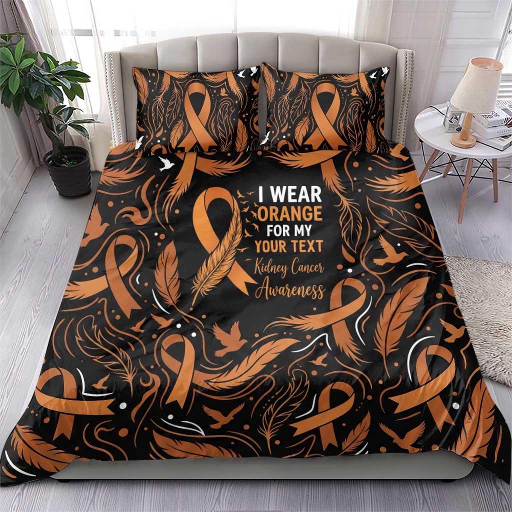 Personalized I Wear Orange Kidney Cancer Awareness Bedding Set Feathered Ribbon Silhouette Illustration