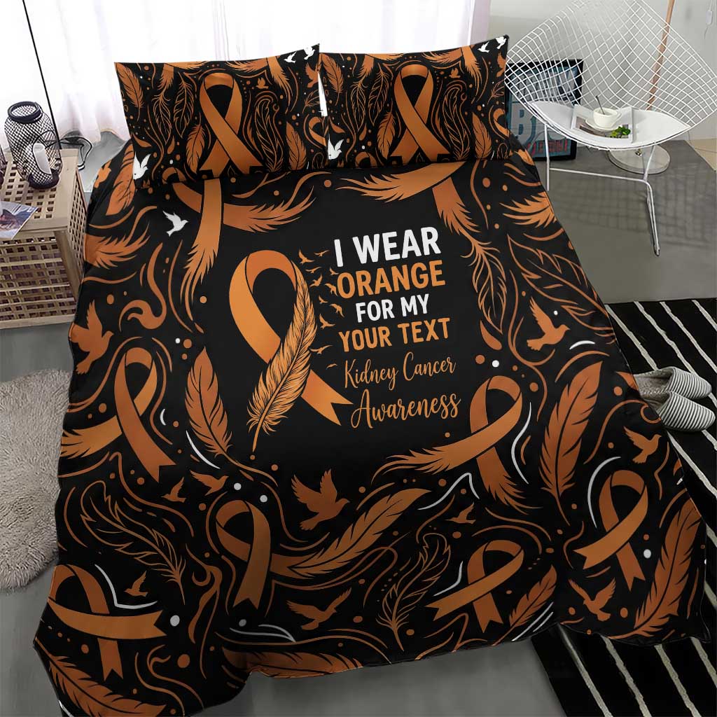 Personalized I Wear Orange Kidney Cancer Awareness Bedding Set Feathered Ribbon Silhouette Illustration
