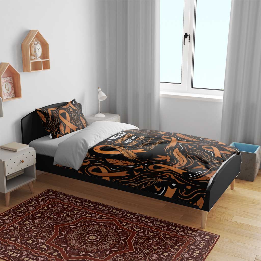 Personalized I Wear Orange Kidney Cancer Awareness Bedding Set Feathered Ribbon Silhouette Illustration