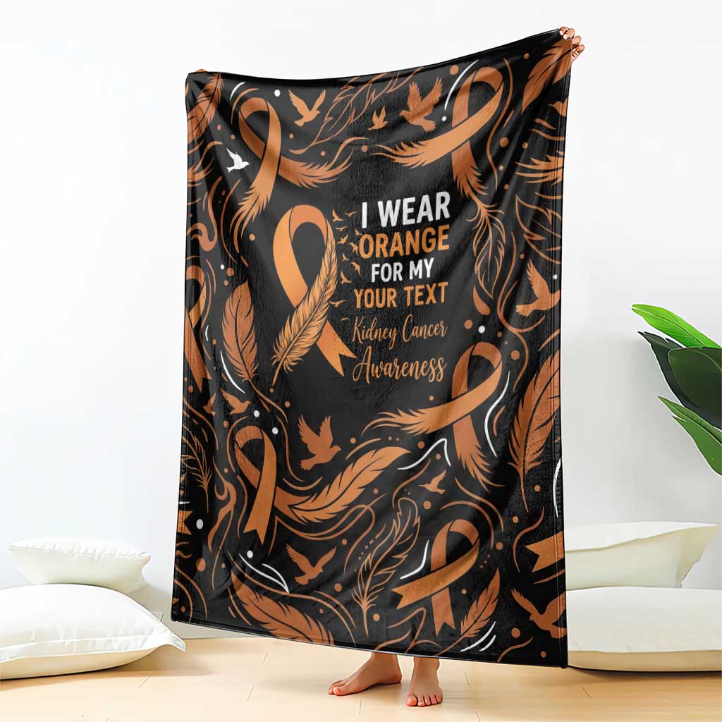 Personalized I Wear Orange Kidney Cancer Awareness Blanket Feathered Ribbon Silhouette Illustration