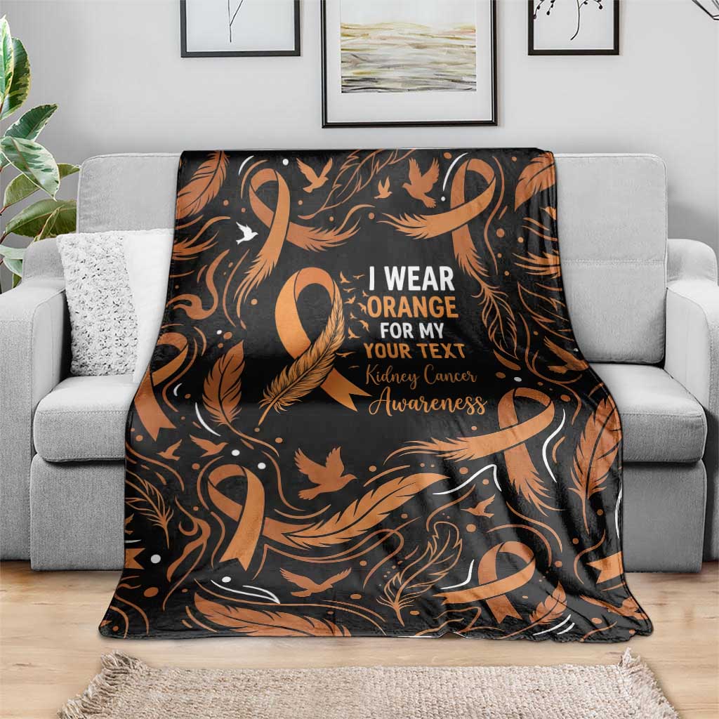 Personalized I Wear Orange Kidney Cancer Awareness Blanket Feathered Ribbon Silhouette Illustration