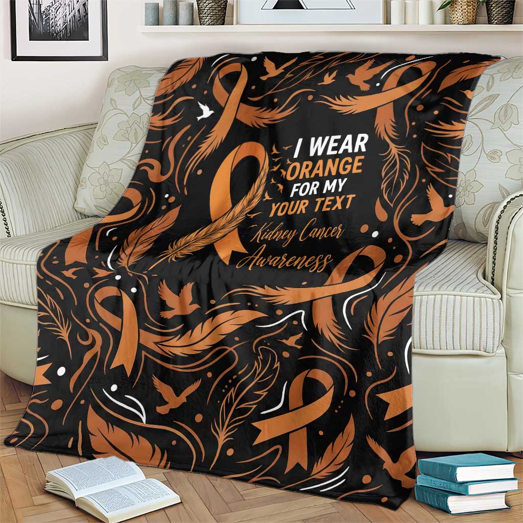 Personalized I Wear Orange Kidney Cancer Awareness Blanket Feathered Ribbon Silhouette Illustration