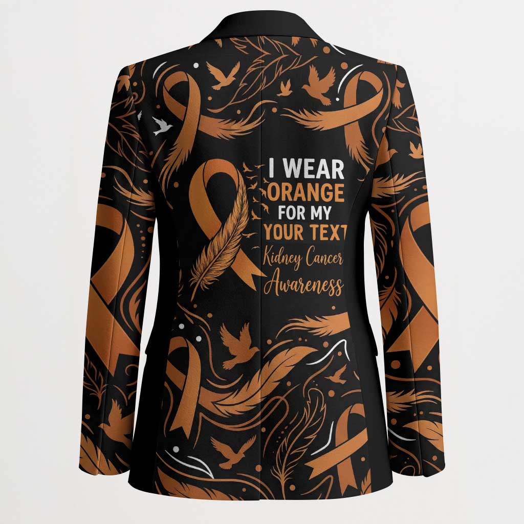 Personalized I Wear Orange Kidney Cancer Awareness Blazer Feathered Ribbon Silhouette Illustration