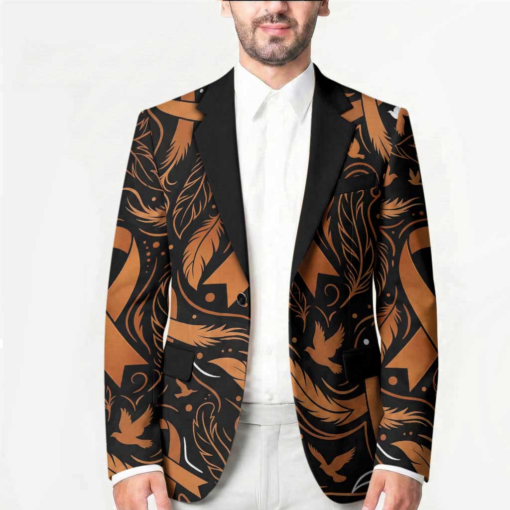 Personalized I Wear Orange Kidney Cancer Awareness Blazer Feathered Ribbon Silhouette Illustration