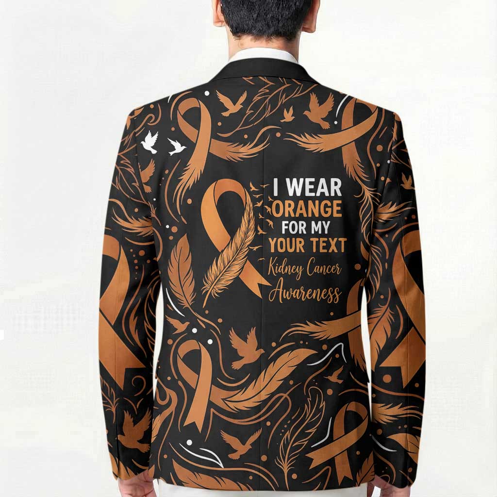 Personalized I Wear Orange Kidney Cancer Awareness Blazer Feathered Ribbon Silhouette Illustration