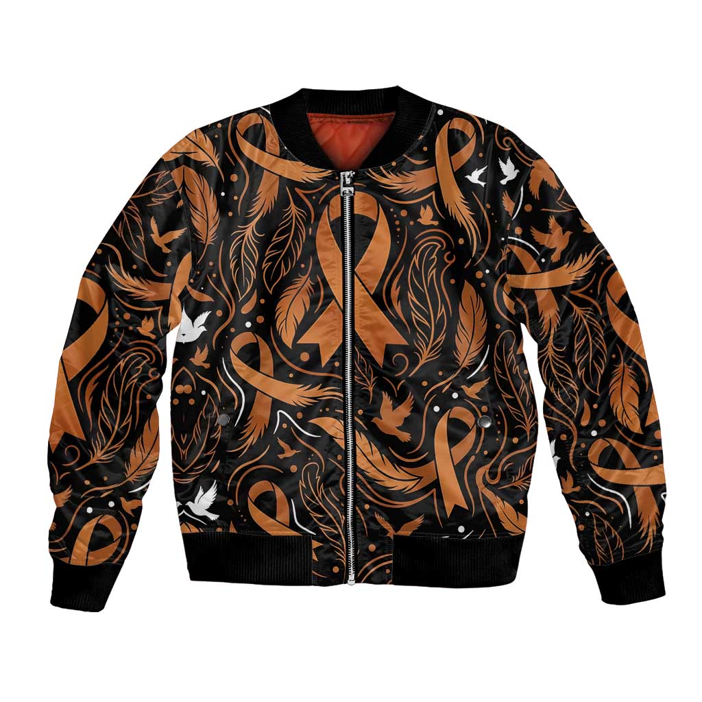 Personalized I Wear Orange Kidney Cancer Awareness Bomber Jacket Feathered Ribbon Silhouette Illustration
