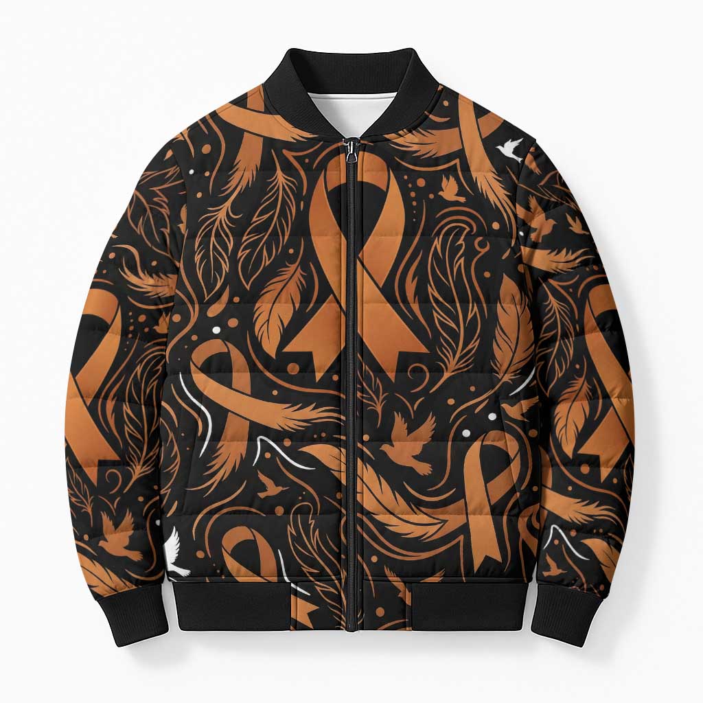 Personalized I Wear Orange Kidney Cancer Awareness Bomber Puffer Jacket Feathered Ribbon Silhouette Illustration