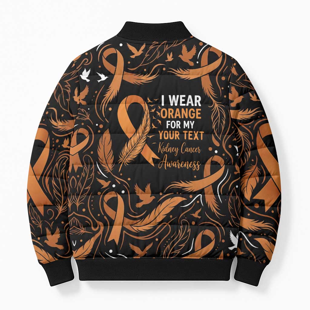 Personalized I Wear Orange Kidney Cancer Awareness Bomber Puffer Jacket Feathered Ribbon Silhouette Illustration