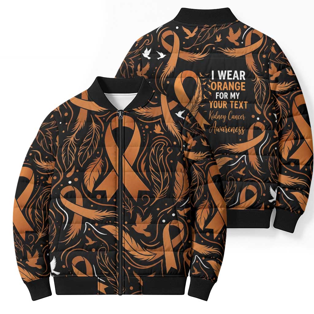 Personalized I Wear Orange Kidney Cancer Awareness Bomber Puffer Jacket Feathered Ribbon Silhouette Illustration