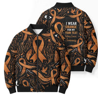Personalized I Wear Orange Kidney Cancer Awareness Bomber Puffer Jacket Feathered Ribbon Silhouette Illustration