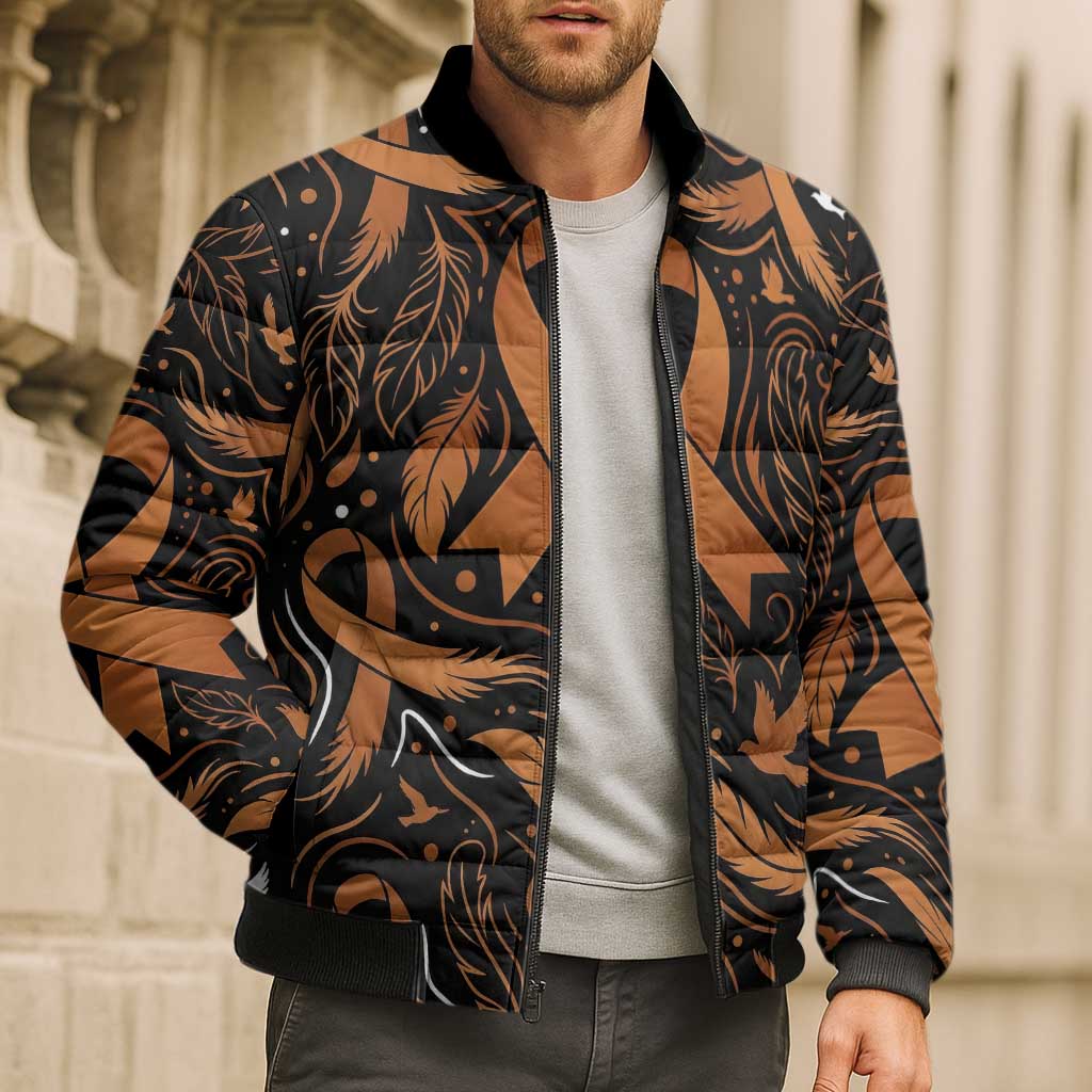Personalized I Wear Orange Kidney Cancer Awareness Bomber Puffer Jacket Feathered Ribbon Silhouette Illustration