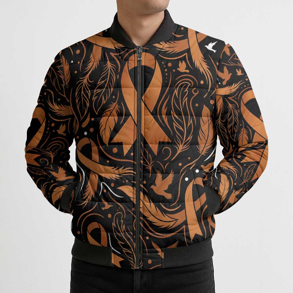 Personalized I Wear Orange Kidney Cancer Awareness Bomber Puffer Jacket Feathered Ribbon Silhouette Illustration