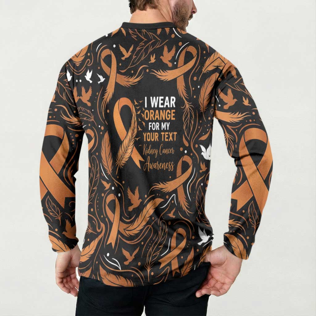 Personalized I Wear Orange Kidney Cancer Awareness Button Sweatshirt Feathered Ribbon Silhouette Illustration