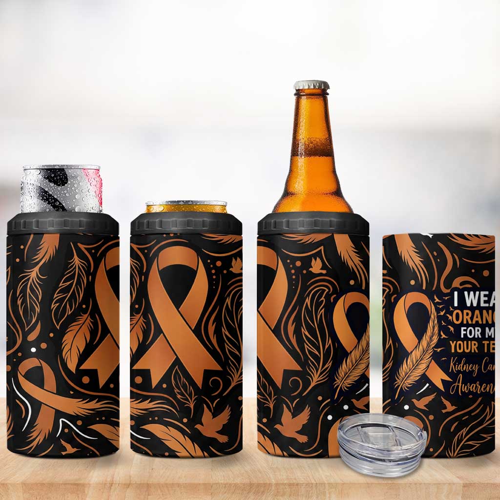 Personalized I Wear Orange Kidney Cancer Awareness 4 in 1 Can Cooler Tumbler Feathered Ribbon Silhouette Illustration
