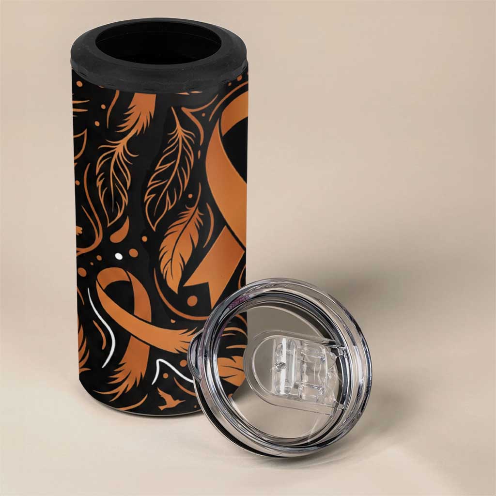 Personalized I Wear Orange Kidney Cancer Awareness 4 in 1 Can Cooler Tumbler Feathered Ribbon Silhouette Illustration