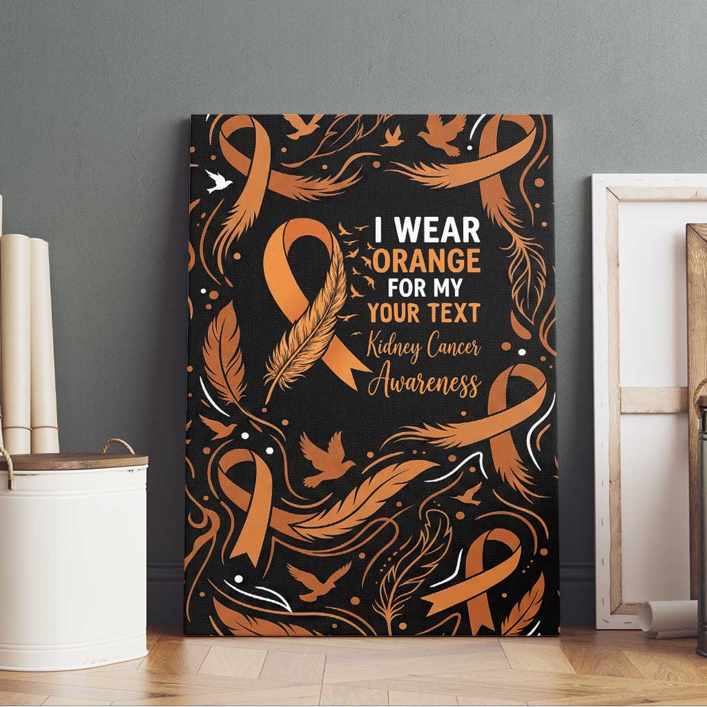 Personalized I Wear Orange Kidney Cancer Awareness Canvas Wall Art Feathered Ribbon Silhouette Illustration