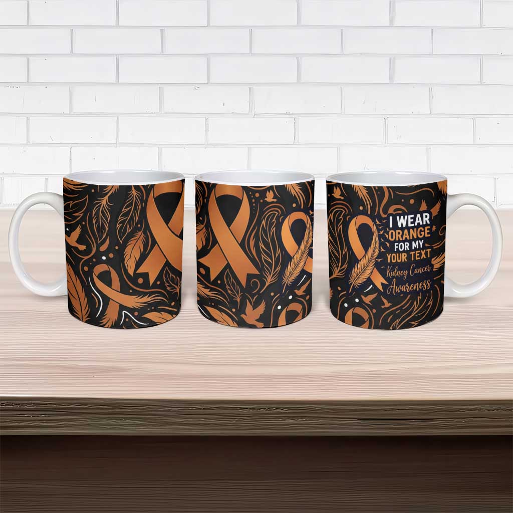 Personalized I Wear Orange Kidney Cancer Awareness Ceramic Mug Feathered Ribbon Silhouette Illustration