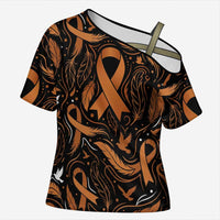Personalized I Wear Orange Kidney Cancer Awareness Cross Shoulder Shirt Feathered Ribbon Silhouette Illustration