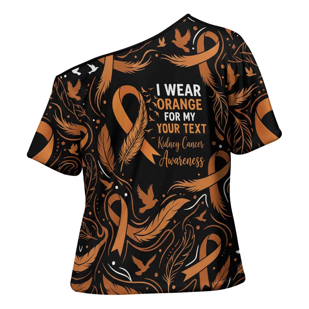 Personalized I Wear Orange Kidney Cancer Awareness Cross Shoulder Shirt Feathered Ribbon Silhouette Illustration