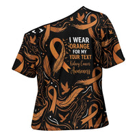Personalized I Wear Orange Kidney Cancer Awareness Cross Shoulder Shirt Feathered Ribbon Silhouette Illustration
