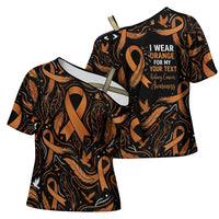 Personalized I Wear Orange Kidney Cancer Awareness Cross Shoulder Shirt Feathered Ribbon Silhouette Illustration