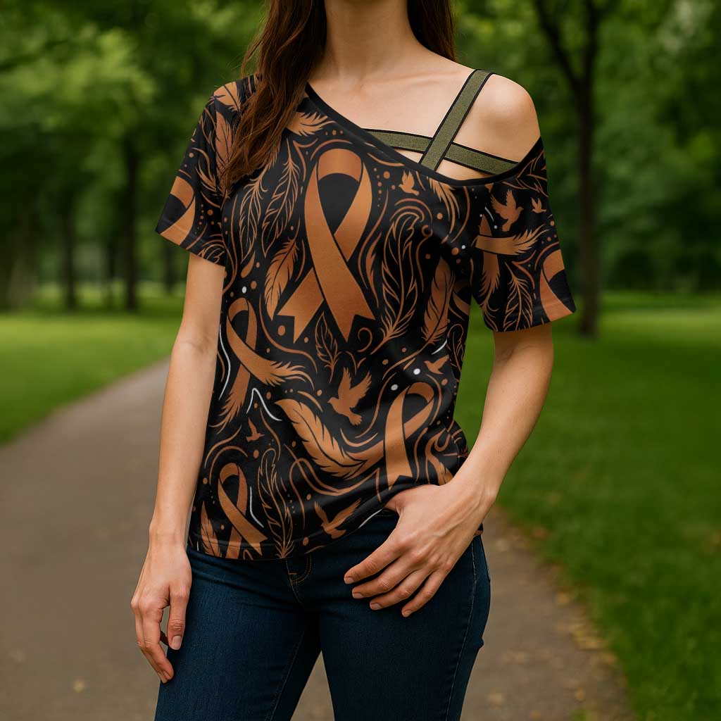 Personalized I Wear Orange Kidney Cancer Awareness Cross Shoulder Shirt Feathered Ribbon Silhouette Illustration