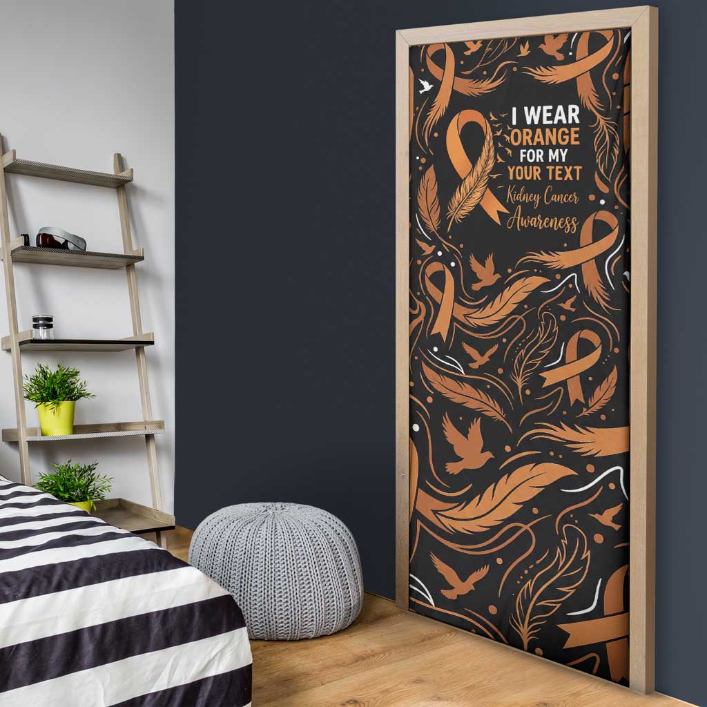 Personalized I Wear Orange Kidney Cancer Awareness Door Cover Feathered Ribbon Silhouette Illustration