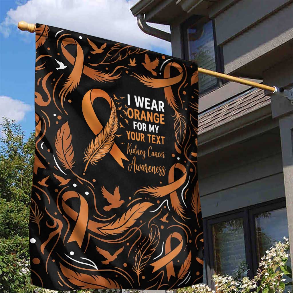 Personalized I Wear Orange Kidney Cancer Awareness Garden Flag Feathered Ribbon Silhouette Illustration
