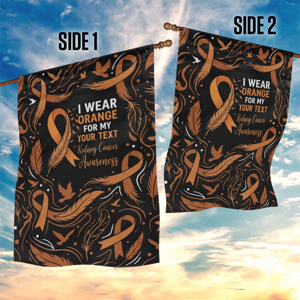 Personalized I Wear Orange Kidney Cancer Awareness Garden Flag Feathered Ribbon Silhouette Illustration