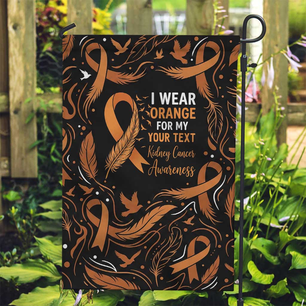 Personalized I Wear Orange Kidney Cancer Awareness Garden Flag Feathered Ribbon Silhouette Illustration