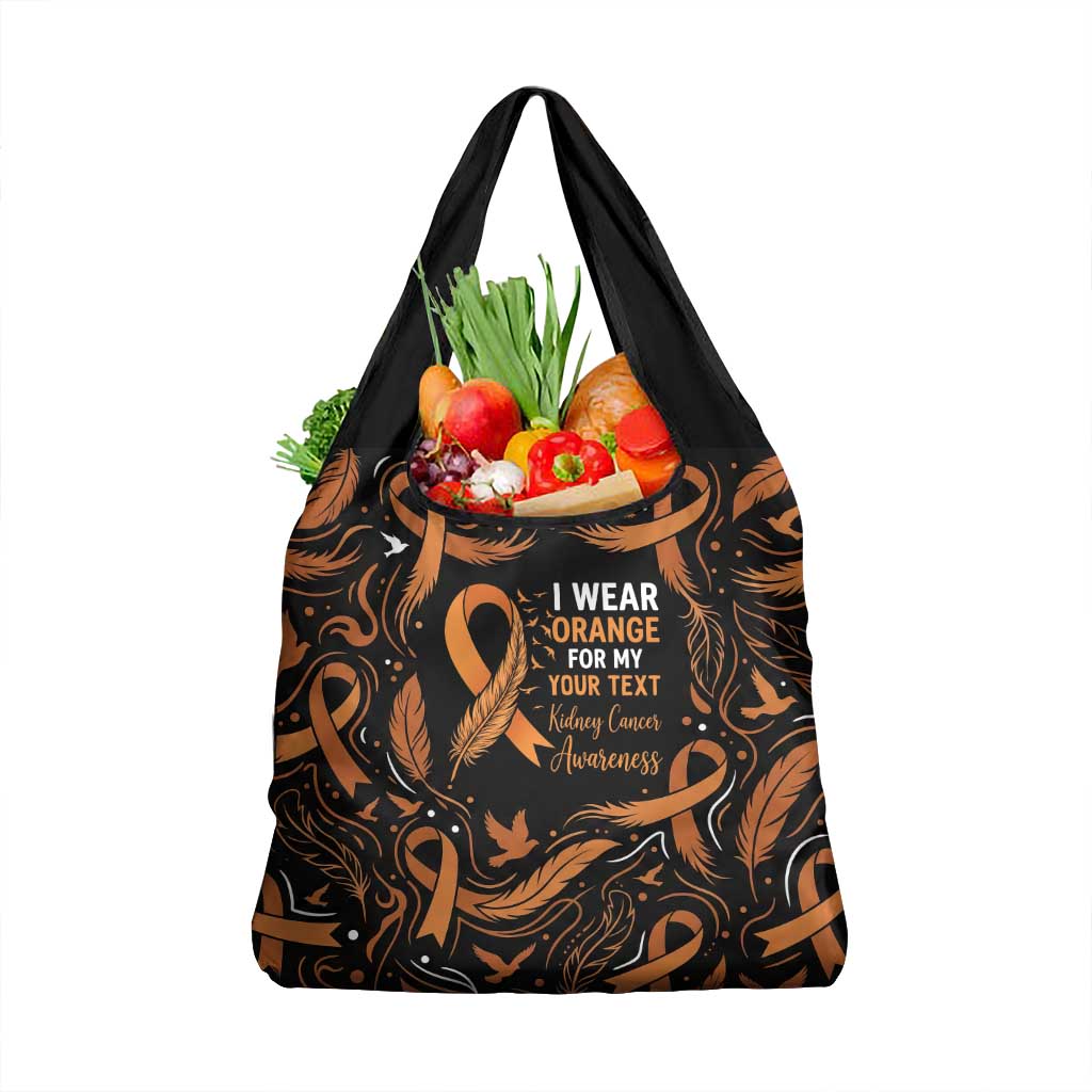 Personalized I Wear Orange Kidney Cancer Awareness Grocery Bag Feathered Ribbon Silhouette Illustration