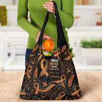 Personalized I Wear Orange Kidney Cancer Awareness Grocery Bag Feathered Ribbon Silhouette Illustration