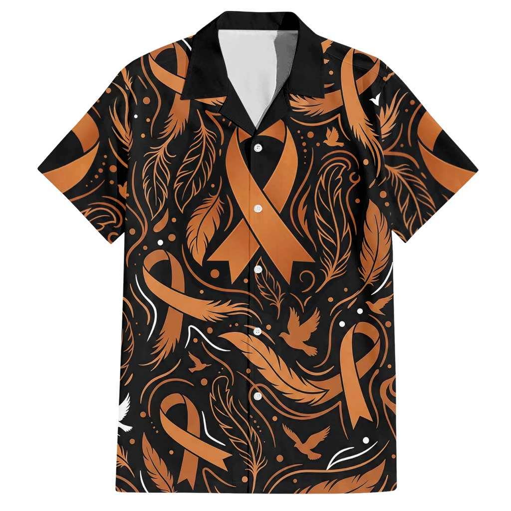 Personalized I Wear Orange Kidney Cancer Awareness Hawaiian Shirt Feathered Ribbon Silhouette Illustration