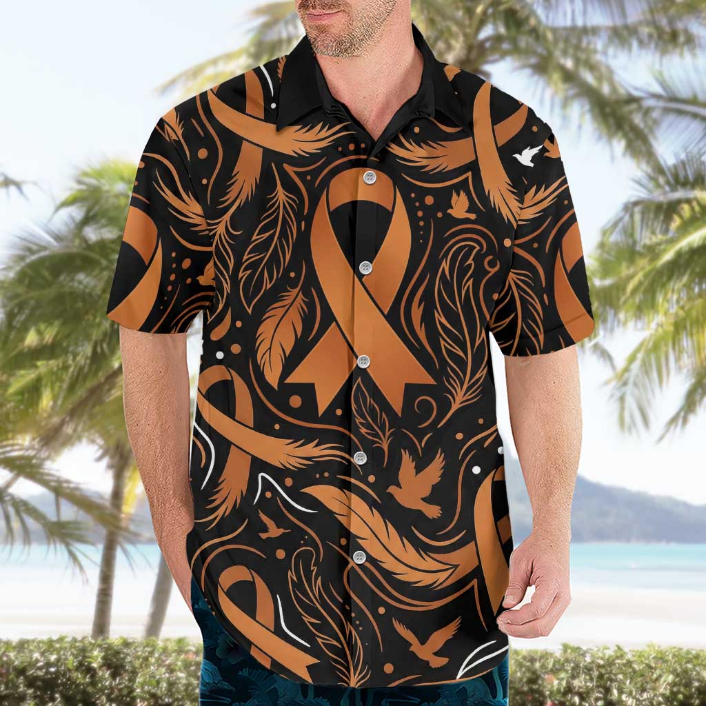 Personalized I Wear Orange Kidney Cancer Awareness Hawaiian Shirt Feathered Ribbon Silhouette Illustration