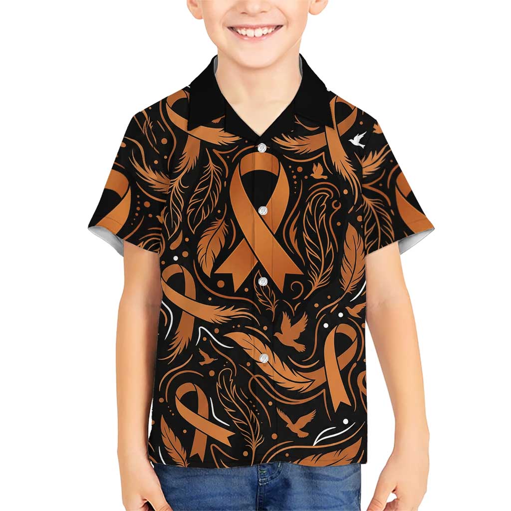 Personalized I Wear Orange Kidney Cancer Awareness Hawaiian Shirt Feathered Ribbon Silhouette Illustration